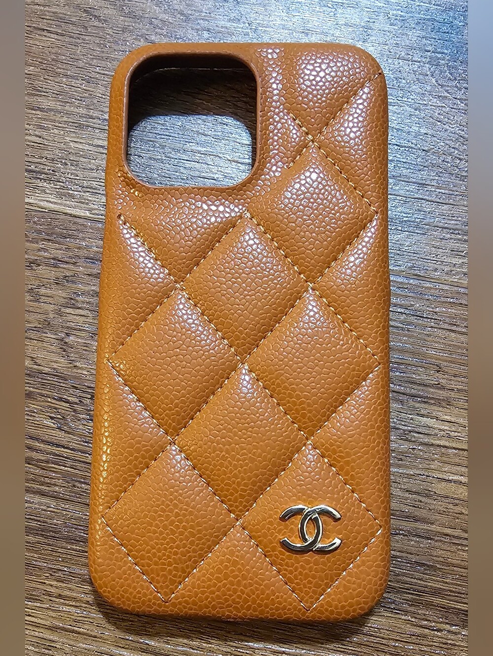 Quilted Orange Caviar Leather Phone Case with CC Logo